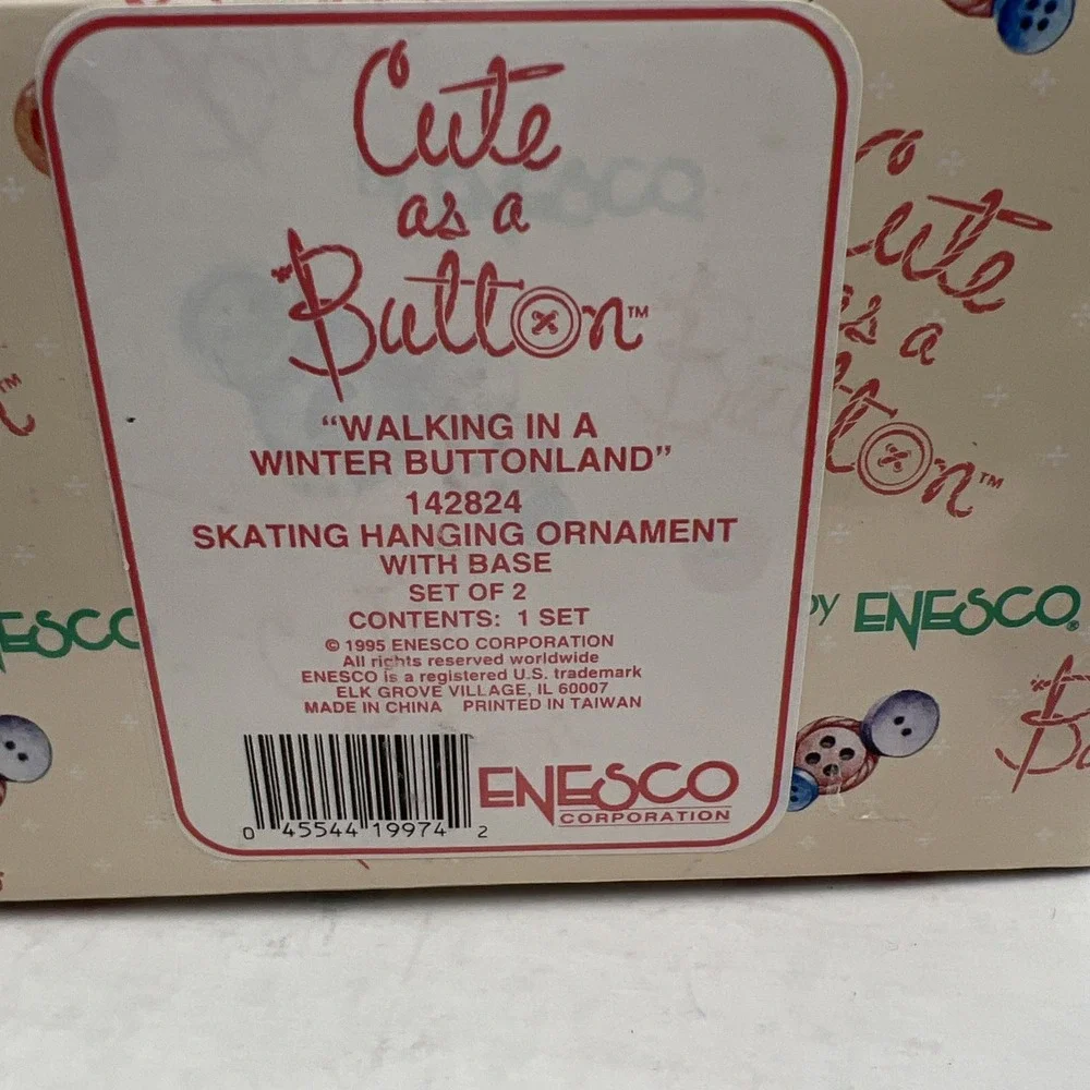 Vintage Enesco Skating Hanging Ornament With Base 142824 Cute As A Button In Box